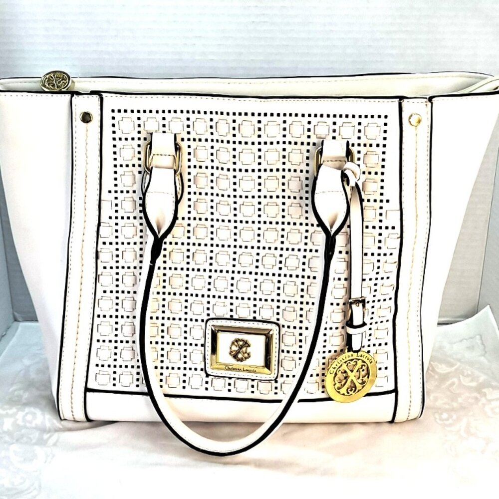VINTAGE DESIGNER PURSE  ~ WHITE WOVEN PIERCED PANEL TOTE ~ by CHRISTIAN LACROIX